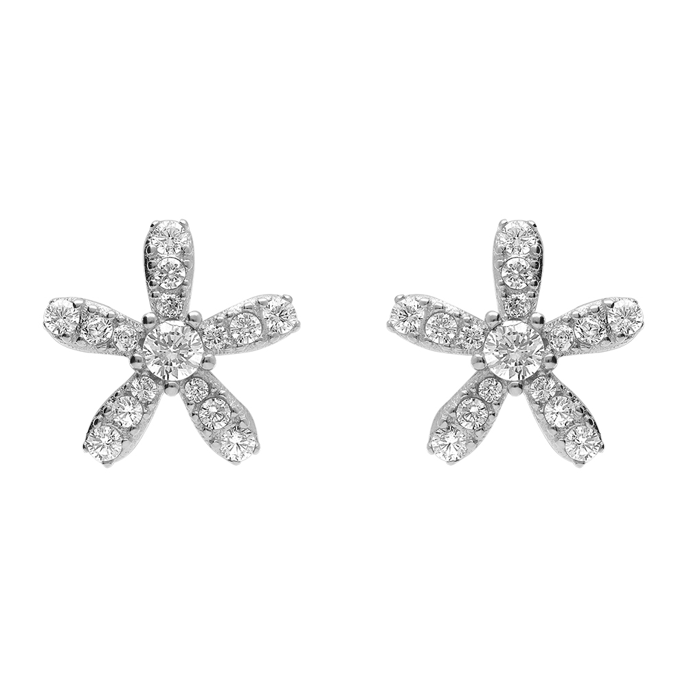 Boucles d\'oreille en argent rhodi motif fleur avec oxydes blancs sertis - Vue 1
