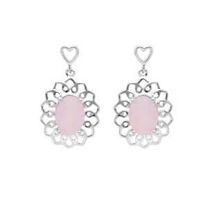 Boucles d\'oreille en argent rhodi motif fleur ovale avec pierre rose suspendue et fermoir poussette - Vue 1