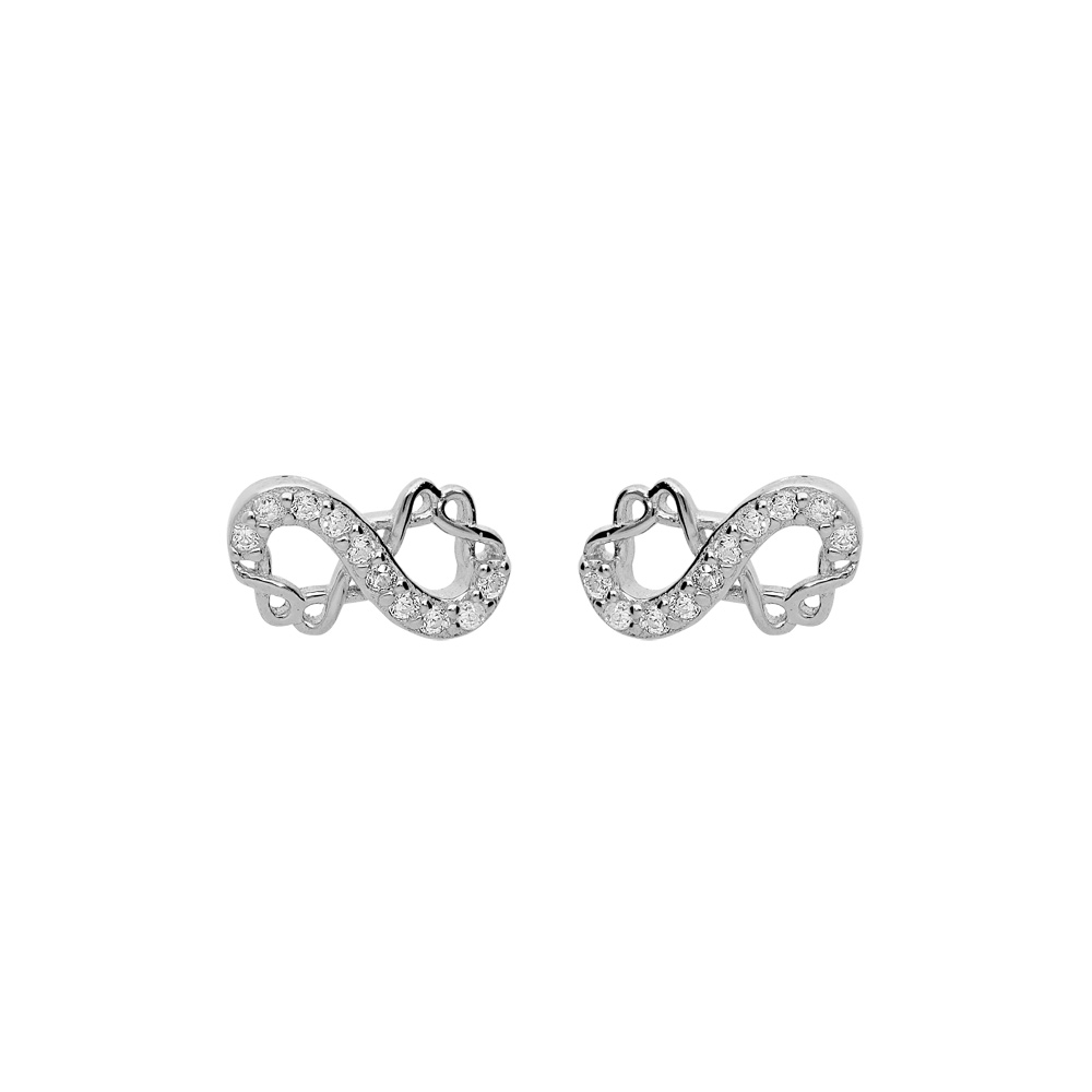 Boucles d\'oreille en argent rhodi� motif infini 8mm avec oxydes blancs sertis et fermoir poussette - Vue 1