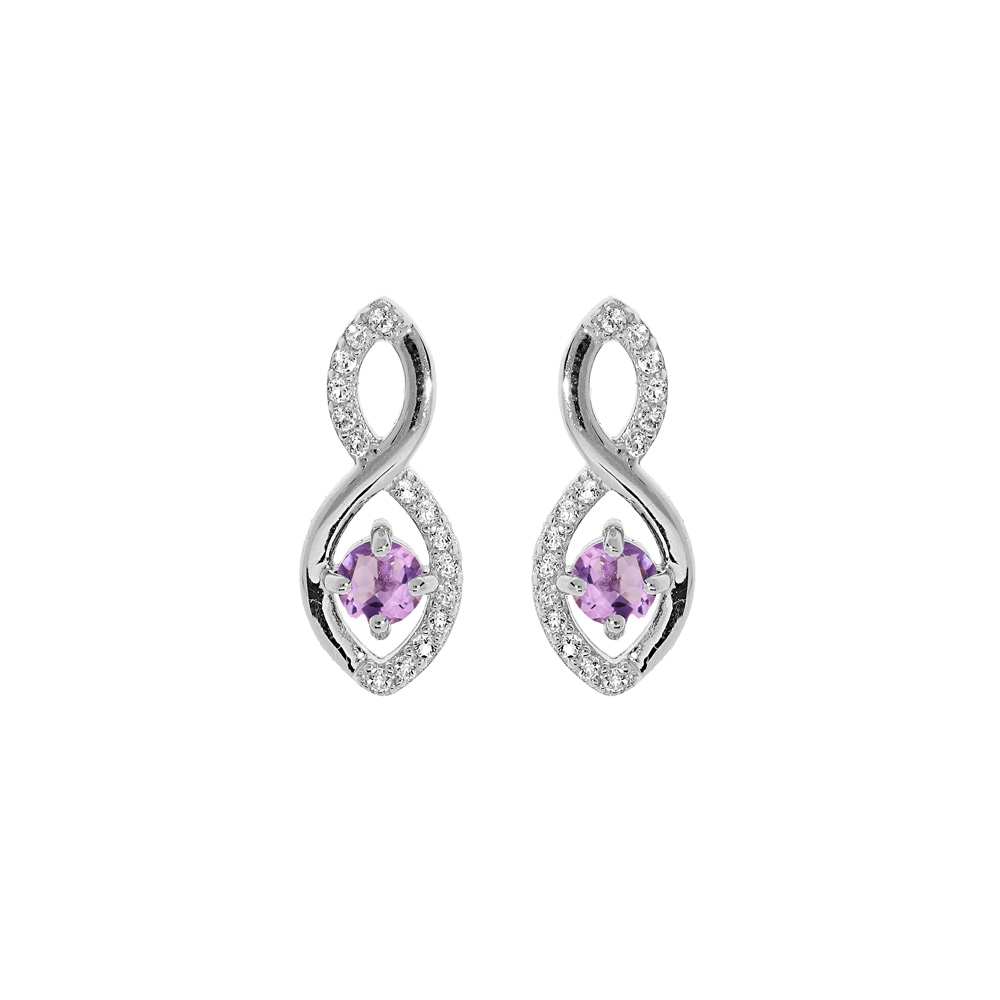 Boucles d\'oreille en argent rhodi� motif infini avec Amethyste v�ritable et oxydes blancs fermoir poussette - Vue 1