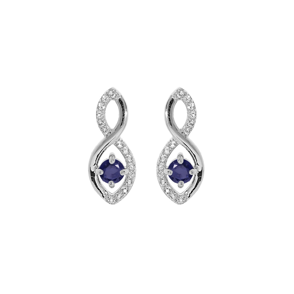 Boucles d\'oreille en argent rhodi� motif infini avec oxyde bleu et blancs et fermoir poussette - Vue 1