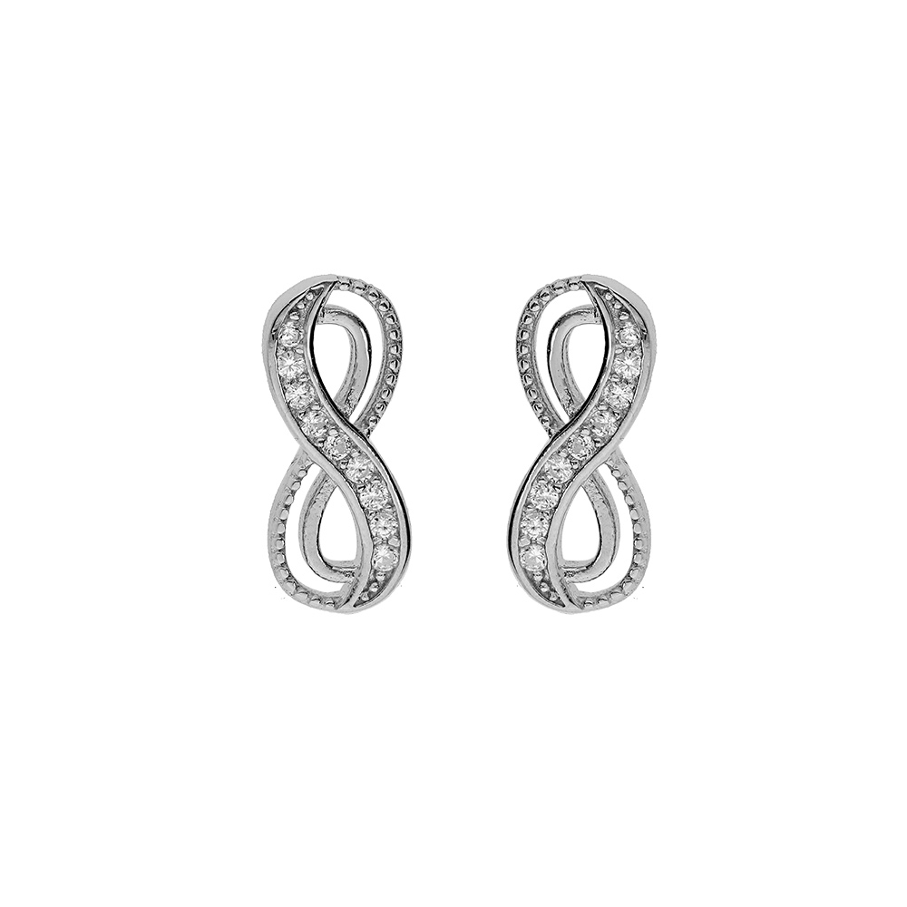 Boucles d\'oreille en argent rhodi� motif infini avec oxydes blancs sertis et fermoir poussette - Vue 1
