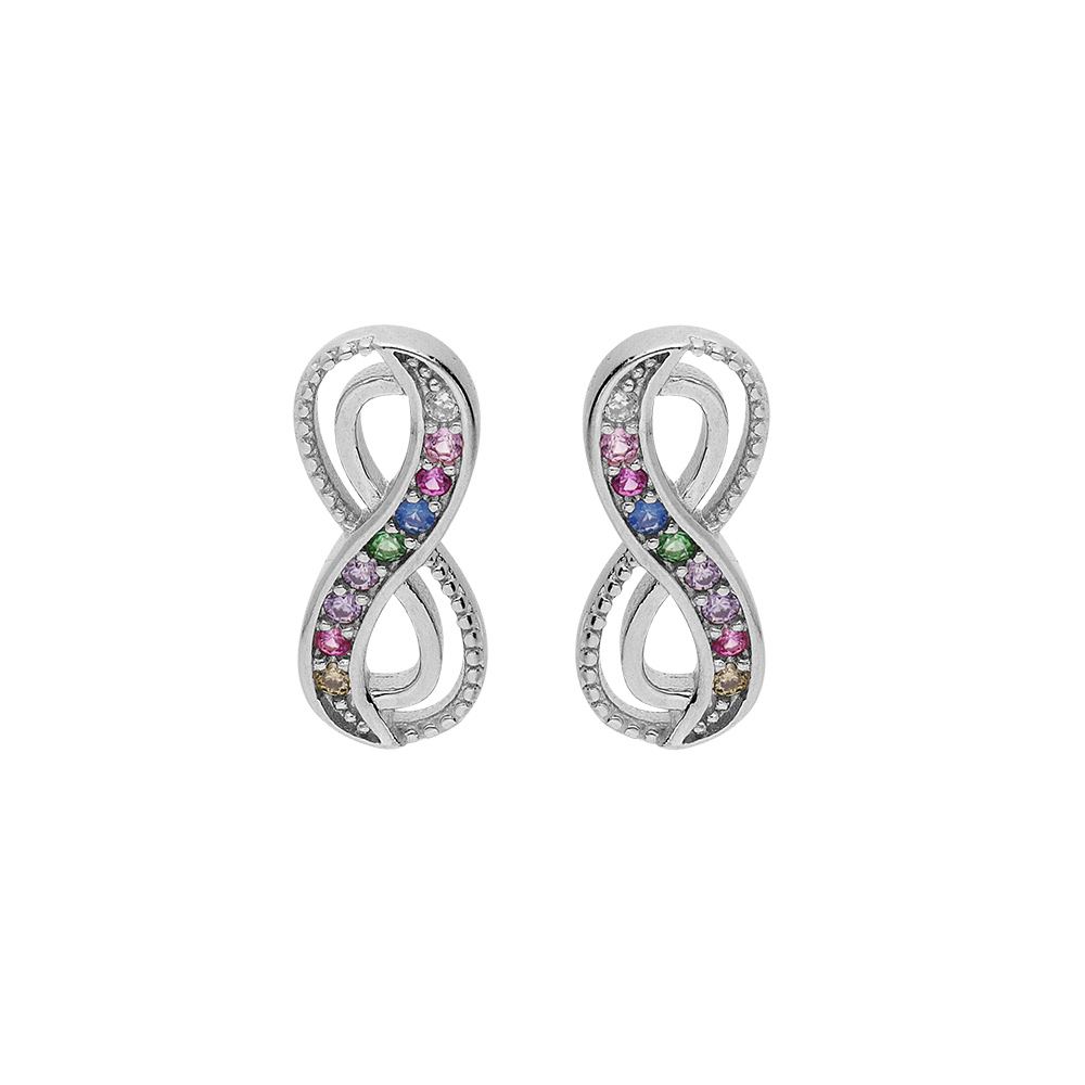Boucles d\'oreille en argent rhodi� motif infini avec oxydes multi couleurs sertis et fermoir poussette - Vue 1