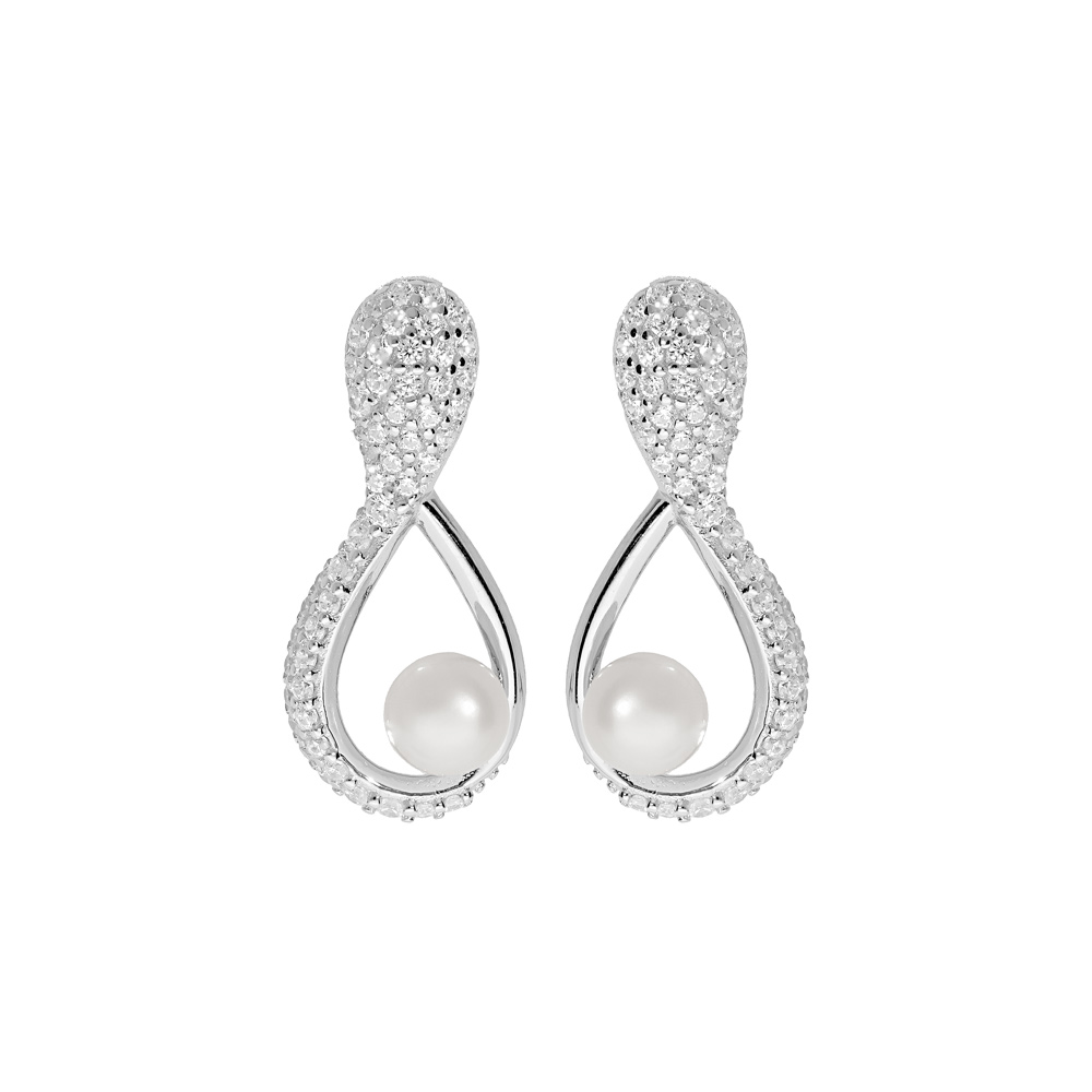 Boucles d\'oreille en argent rhodi� motif infini pav� d\'oxydes blancs et Perle de culture d\'eau douce blanche 5mm et fermoir poussette - Vue 1