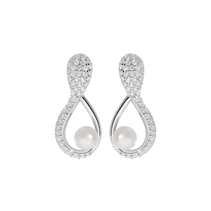 Boucles d\'oreille en argent rhodi motif infini pav d\'oxydes blancs et Perle de culture d\'eau douce blanche 5mm et fermoir poussette - Vue 1