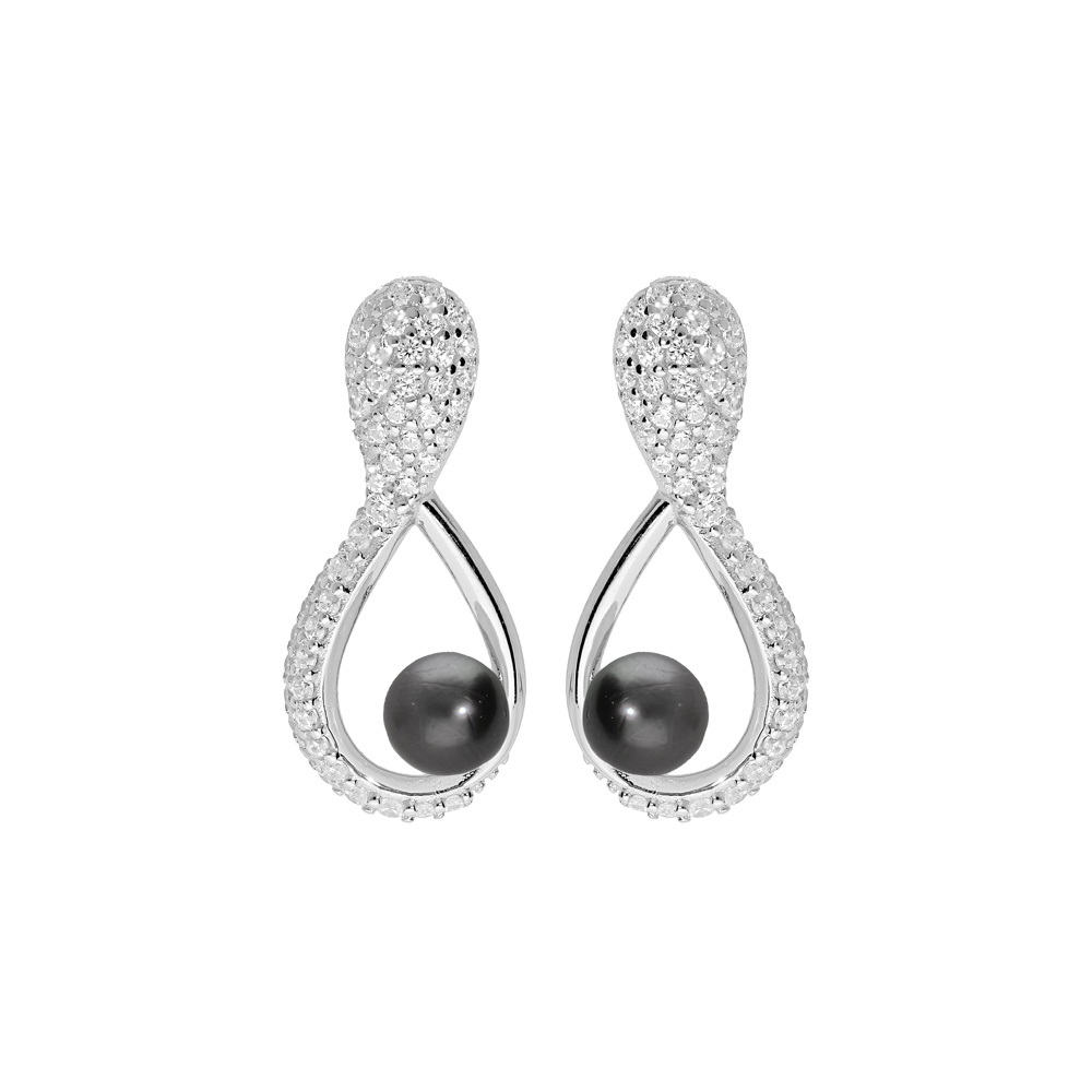 Boucles d\'oreille en argent rhodi� motif infini pav� d\'oxydes blancs et Perle de Tahiti v�ritable 7mm et fermoir poussette - Vue 1