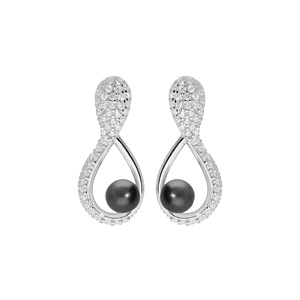 Boucles d\'oreille en argent rhodi motif infini pav d\'oxydes blancs et Perle de Tahiti vritable 7mm et fermoir poussette - Vue 1