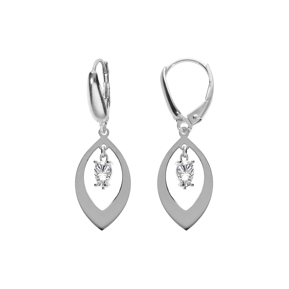 Boucles d\'oreille en argent rhodi� navette et oxyde blanc pendant, fermoir dormeuse - Vue 1