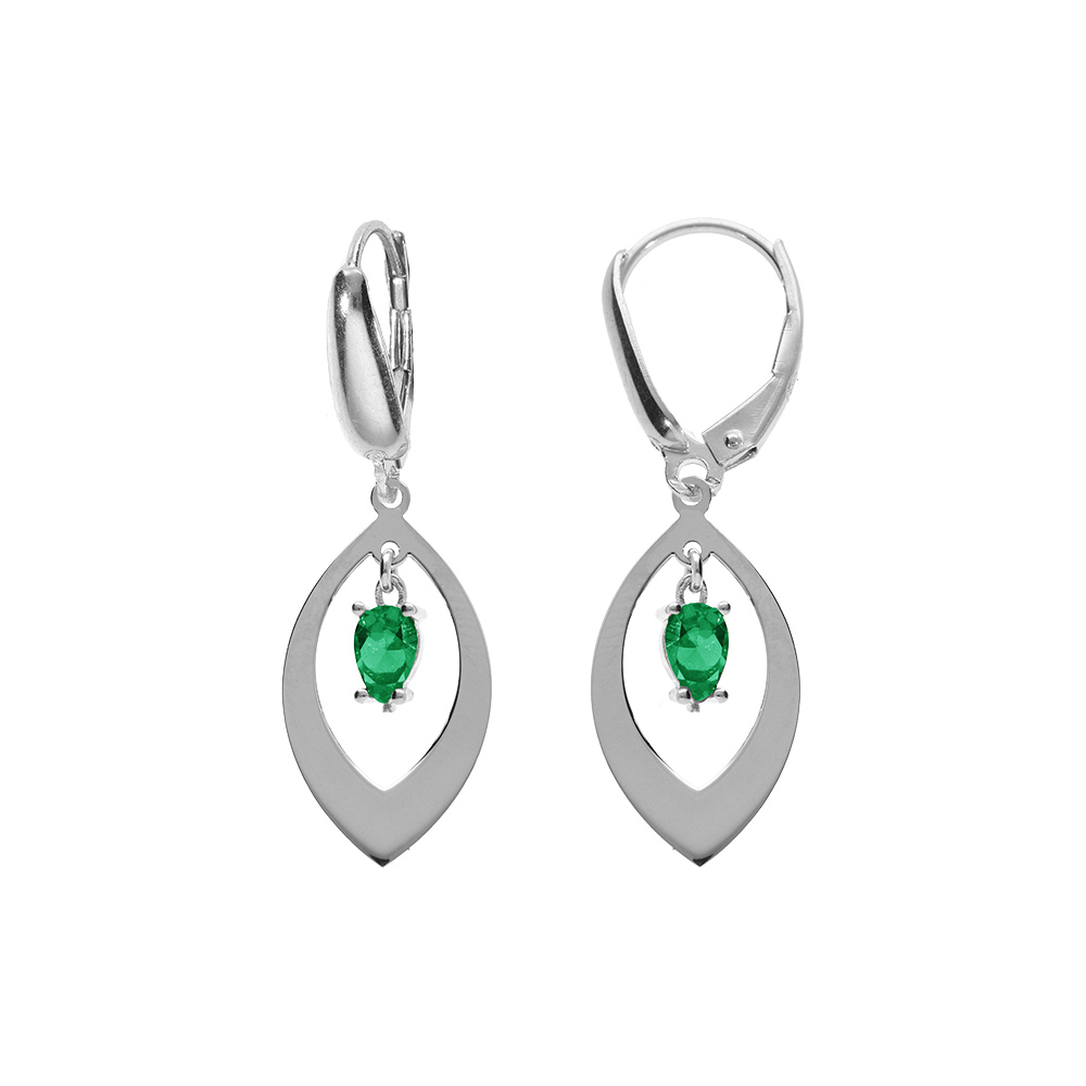 Boucles d\'oreille en argent rhodi� navette et oxyde vert pendant, fermoir dormeuse - Vue 1