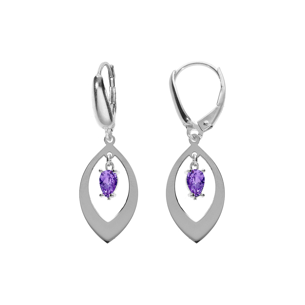 Boucles d\'oreille en argent rhodi� navette et oxyde violet pendanr, fermoir dormeuse - Vue 1