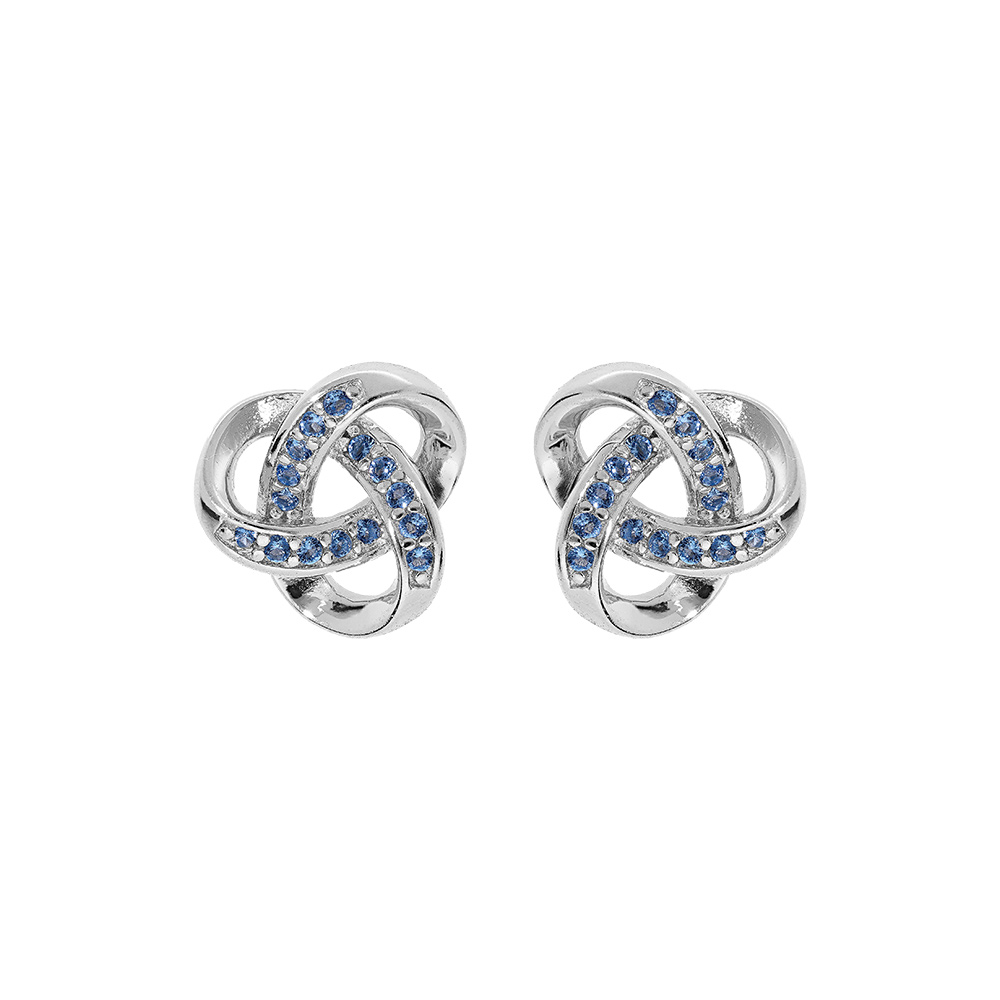 Boucles d\'oreille en argent rhodi noeud celtique avec oxydes bleu ciel sertis et fermoir poussette - Vue 1