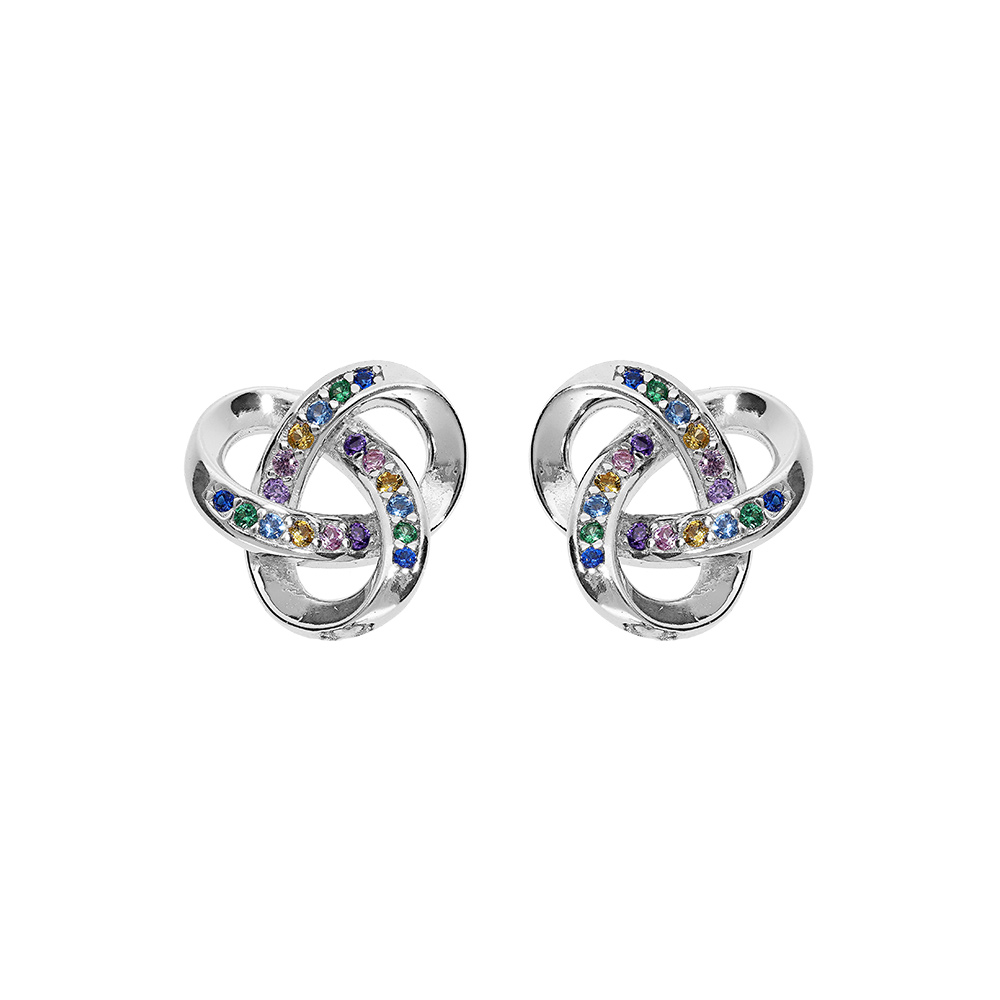 Boucles d\'oreille en argent rhodi noeud celtique avec oxydes multi couleurs sertis et fermoir poussette - Vue 1