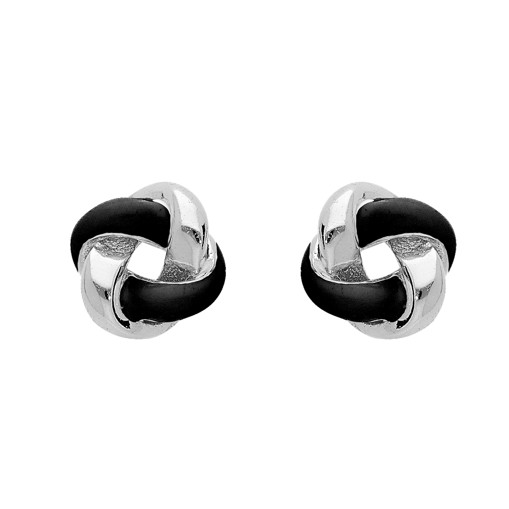 Boucles d\'oreille en argent rhodi� noeud de r�sine noire avec fermoir poussette - Vue 1