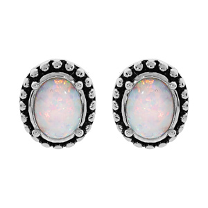 Boucles d\'oreille en argent rhodi Opale blanche de synthse cercle de picot patin et fermoir poussette - Vue 1