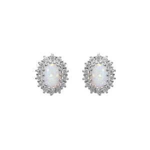 Boucles d\'oreille en argent rhodi Opale blanche de synthse contour perl avec oxydes blancs sertis et fermoir poussette - Vue 1