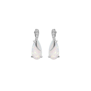 Boucles d\'oreille en argent rhodi Opale blanche de synthse ovale et oxydes blancs sertis avec fermoir poussette - Vue 1