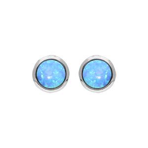 Boucles d\'oreille en argent rhodi Opale de synthse bleue ronde et fermoir poussette - Vue 1