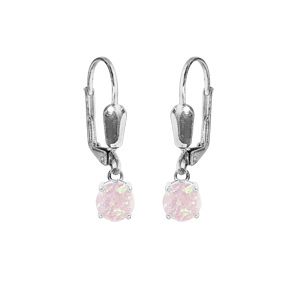 Boucles d\'oreille en argent rhodi Opale rose de synthse 5mm suspendue serti 4 griffes et fermoir dormeuse - Vue 1
