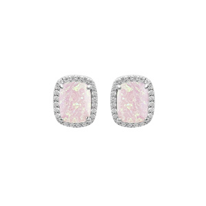 Boucles d\'oreille en argent rhodi Opale rose poudr de synthse carr et oxydes blancs sertis fermoir poussette - Vue 1