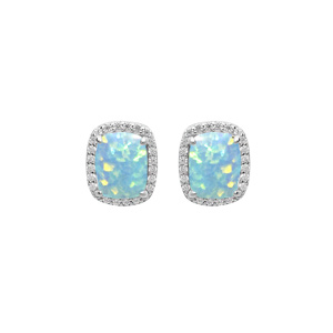 Boucles d\'oreille en argent rhodi Opale turquoise de synthse carr et oxydes blancs sertis fermoir poussette - Vue 1