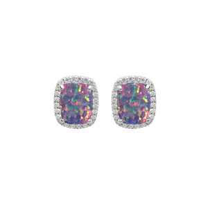 Boucles d\'oreille en argent rhodi Opale violet de synthse carr et oxydes blancs sertis fermoir poussette - Vue 1