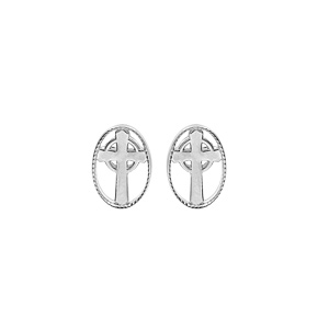 Boucles d\'oreille en argent rhodi ovale avec croix et fermoir poussette - Vue 1