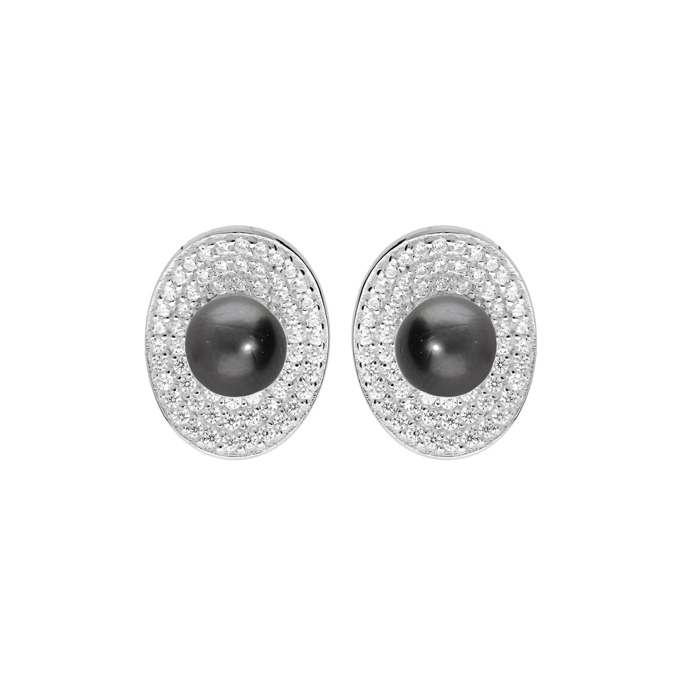 Boucles d\'oreille en argent rhodi� ovale pav� d\'oxydes blancs sertis et Perle noire de Tahiti v�ritable 7mm et fermoir poussette - Vue 1