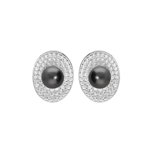 Boucles d\'oreille en argent rhodi ovale pav d\'oxydes blancs sertis et Perle noire de Tahiti vritable 7mm et fermoir poussette - Vue 1