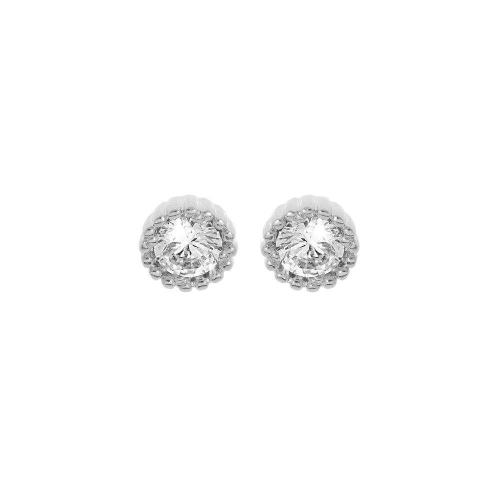 Boucles d\'oreille en argent rhodi� oxyde blanc serti 4mm contour perl� et fermoir poussette - Vue 1