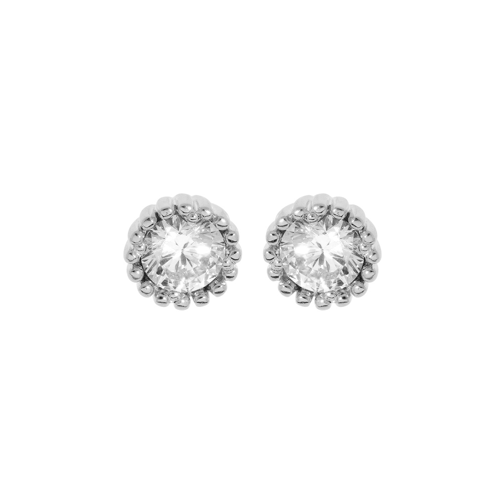 Boucles d\'oreille en argent rhodi� oxyde blanc serti 5mm contour perl� et fermoir poussette - Vue 1