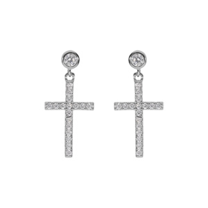 Boucles d\'oreille en argent rhodi oxyde croix suspendue avec oxydes blancs sertis 17x10mm et fermoir poussette - Vue 1