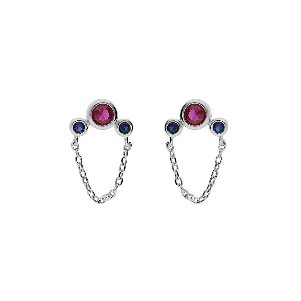 Boucles d\'oreille en argent rhodi� 1 oxyde fushia et 2 bleus fonc� sertis et cha�nette avec fermoir poussette - Vue 1