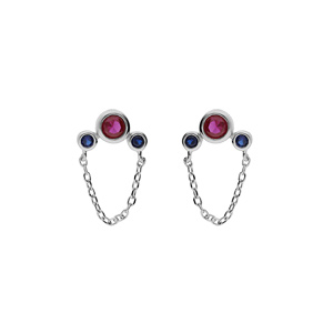 Boucles d\'oreille en argent rhodi 1 oxyde fushia et 2 bleus fonc sertis et chanette avec fermoir poussette - Vue 1