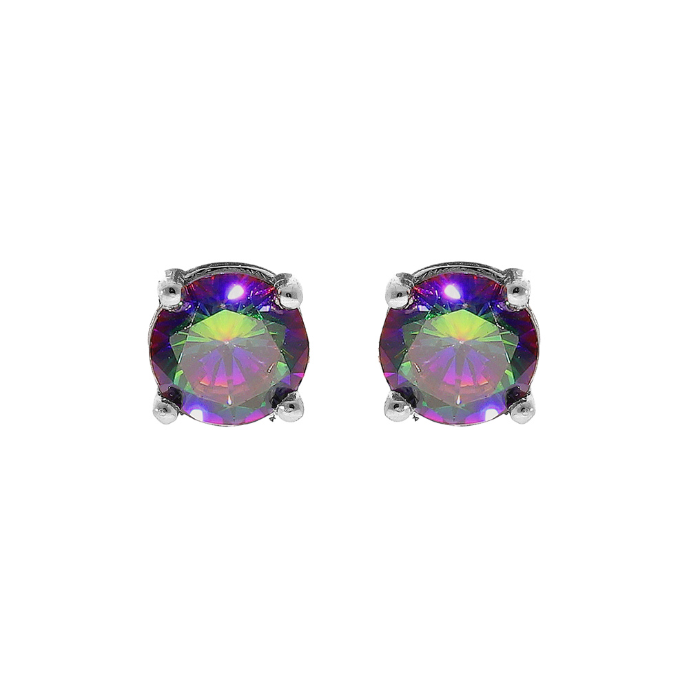 Boucles d\'oreille en argent rhodi� oxyde mystique arc en ciel 4 griffes et fermoir poussette - Vue 1