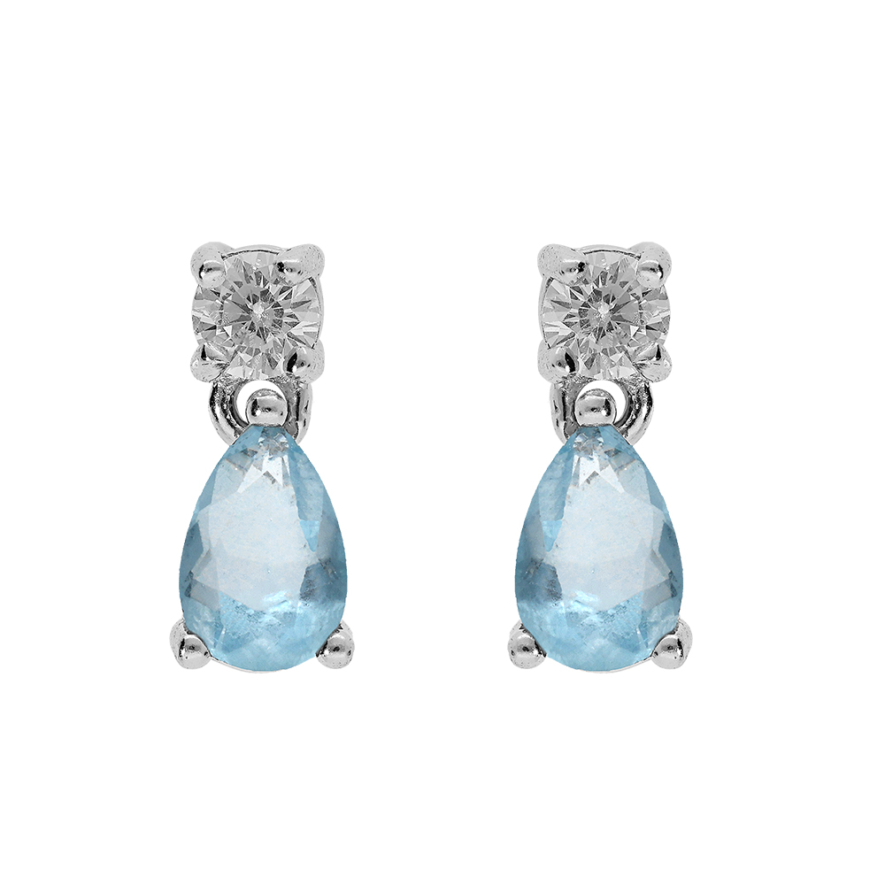 Boucles d\'oreille en argent rhodi� oxyde rond blanc serti et goutte bleu ciel avec fermoir poussette - Vue 1