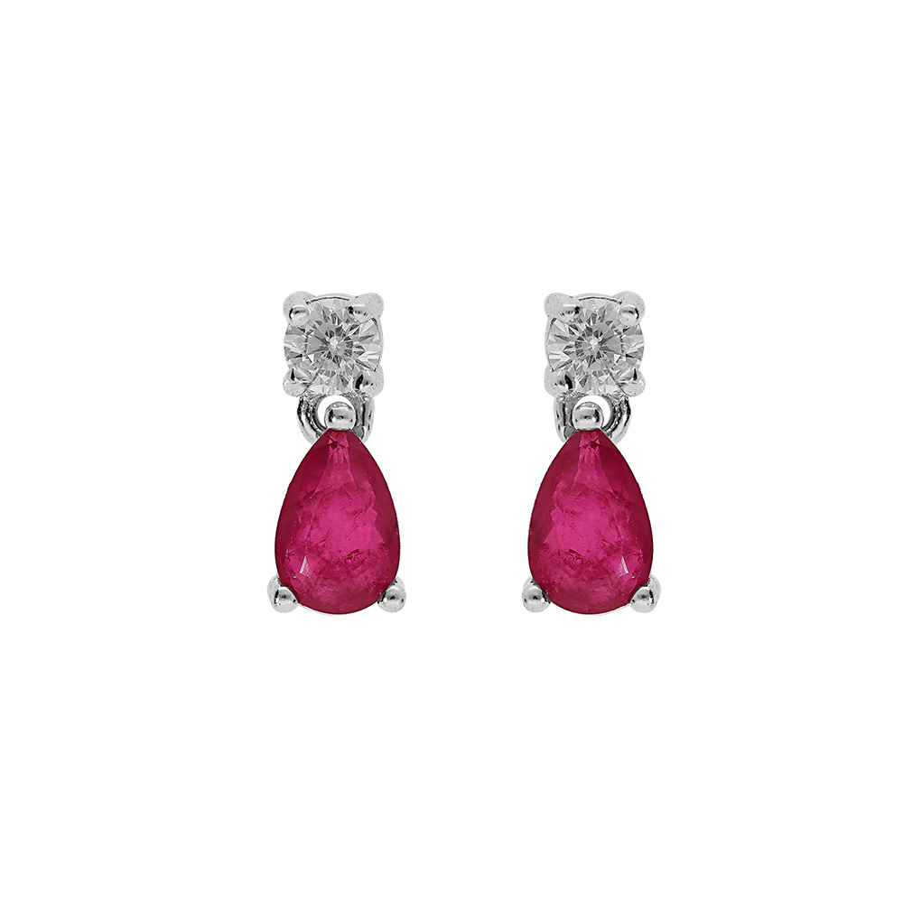 Boucles d\'oreille en argent rhodi� oxyde rond blanc serti et goutte oxyde fushia avec fermoir poussette - Vue 1