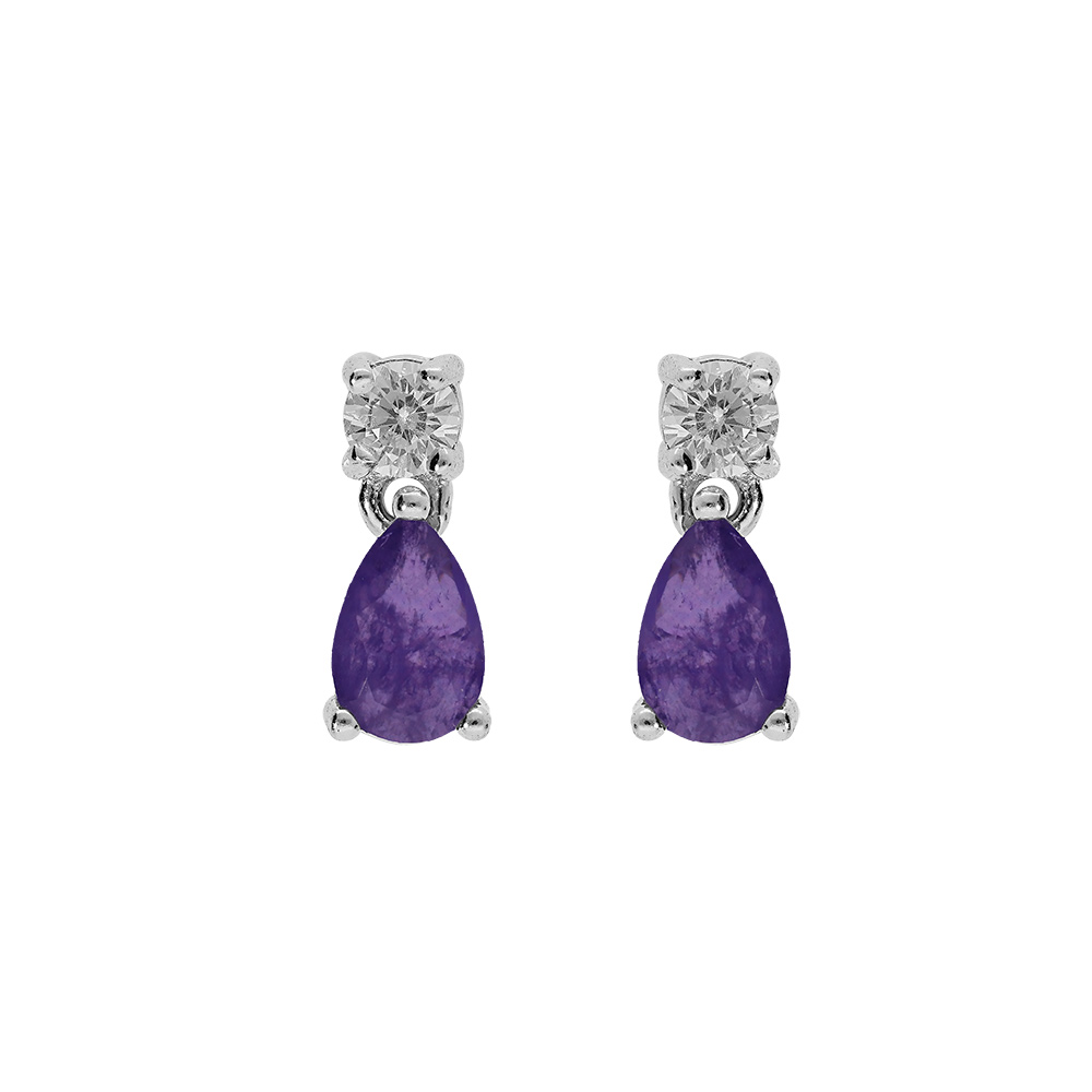 Boucles d\'oreille en argent rhodi� oxyde rond blanc serti et goutte oxyde violet avec fermoir poussette - Vue 1