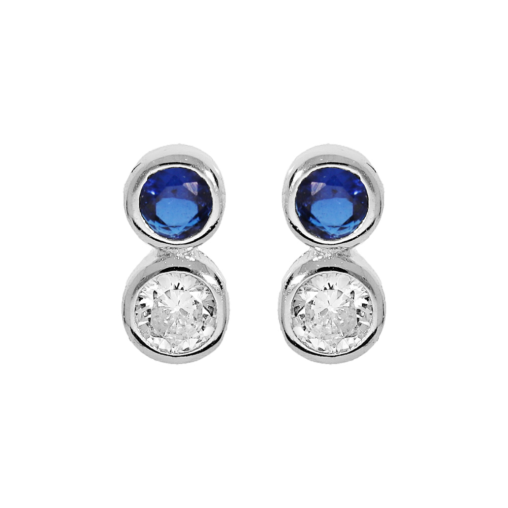 Boucles d\'oreille en argent rhodi� oxydes blanc et bleu fonc� sertis clos et fermoir poussette - Vue 1