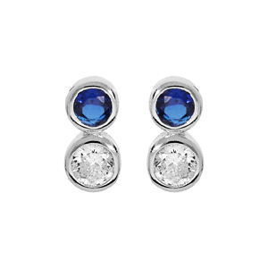 Boucles d\'oreille en argent rhodi oxydes blanc et bleu fonc sertis clos et fermoir poussette - Vue 1