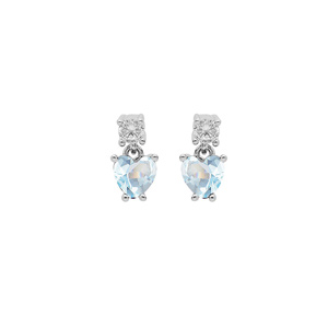 Boucles d\'oreille en argent rhodi oxydes blanc et oxyde bleu ciel suspendu forme coeur et fermoir poussette - Vue 1