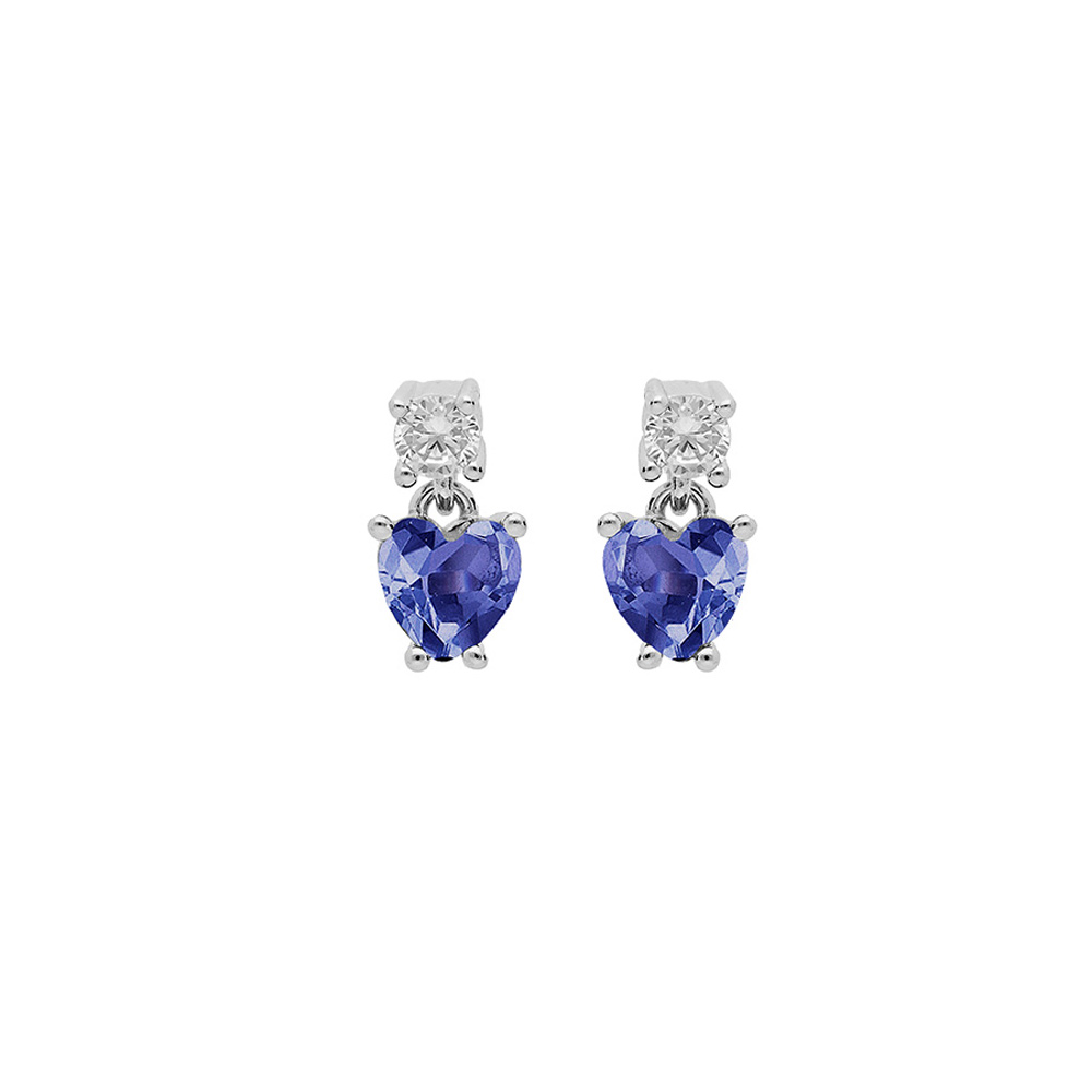 Boucles d\'oreille en argent rhodi� oxydes blanc et oxyde bleu fonc� suspendu forme coeur et fermoir poussette - Vue 1