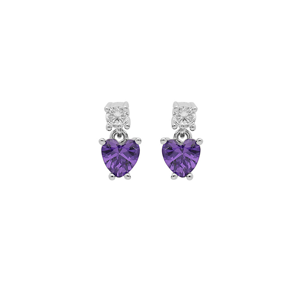 Boucles d\'oreille en argent rhodi� oxydes blanc et oxyde violet suspendu forme coeur et fermoir poussette - Vue 1