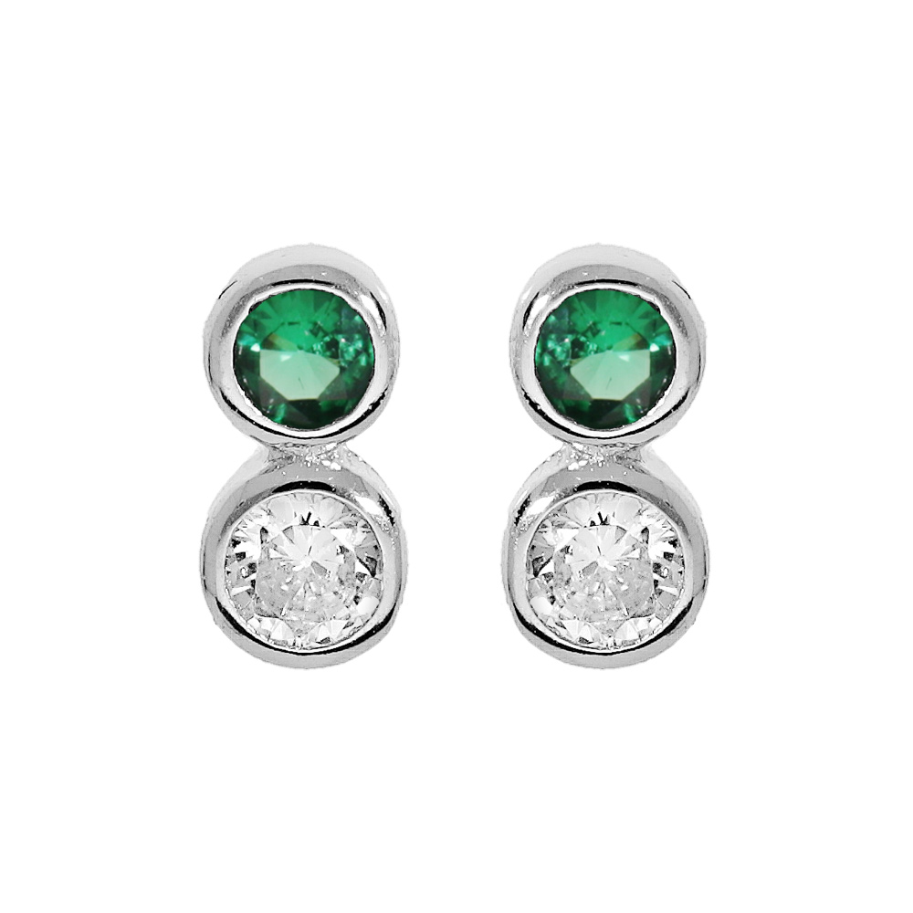 Boucles d\'oreille en argent rhodi� oxydes blanc et vert sertis clos et fermoir poussette - Vue 1