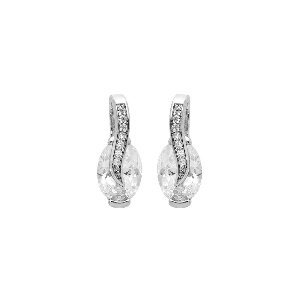 Boucles d\'oreille en argent rhodi� oxydes blanc oval sur ruban d\'oxydes blancs sertis et fermoir poussette - Vue 1