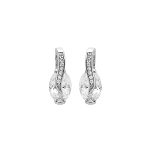 Boucles d\'oreille en argent rhodi oxydes blanc oval sur ruban d\'oxydes blancs sertis et fermoir poussette - Vue 1