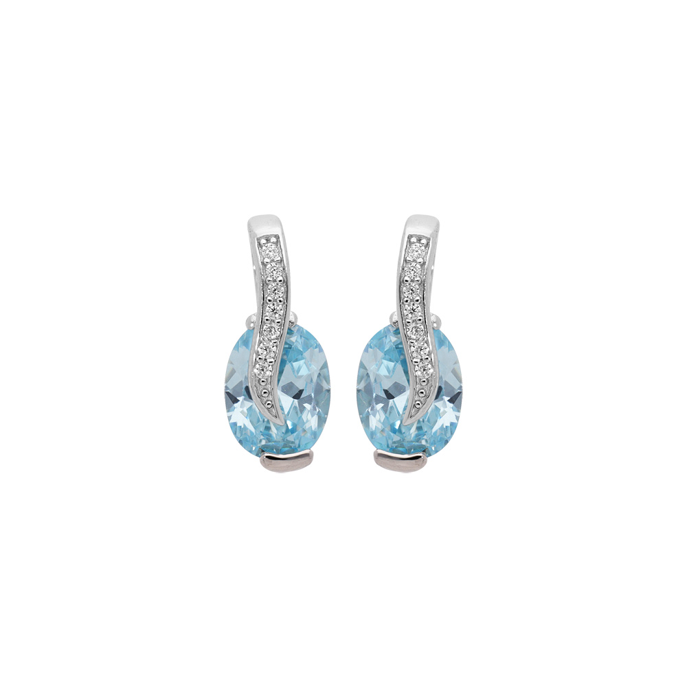 Boucles d\'oreille en argent rhodi� oxydes bleu ciel oval sur ruban d\'oxydes blancs sertis et fermoir poussette - Vue 1