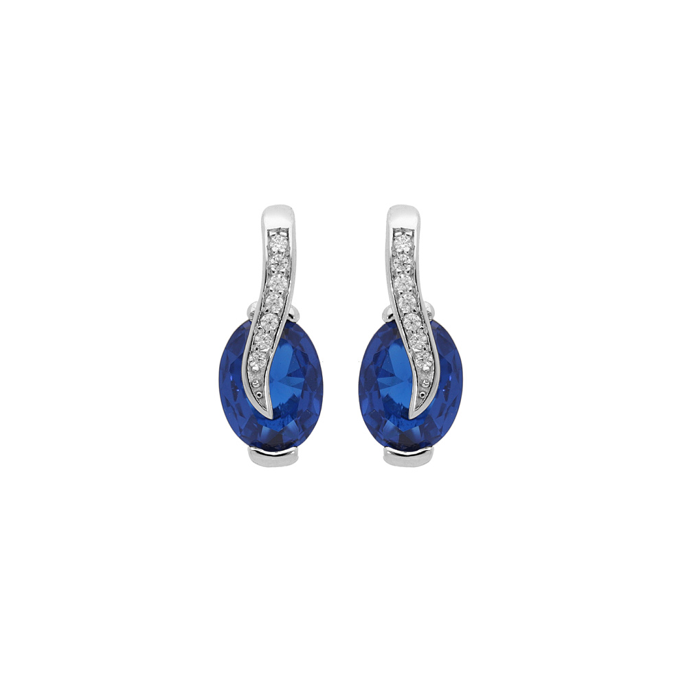 Boucles d\'oreille en argent rhodi� oxydes bleu oval sur ruban d\'oxydes blancs sertis et fermoir poussette - Vue 1