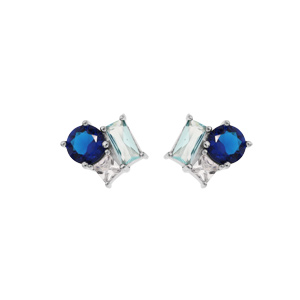 Boucles d\'oreille en argent rhodi 3 oxydes bleus et blanc sertis avec fermoir poussette - Vue 1