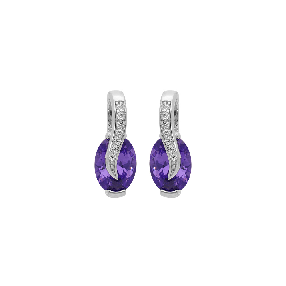 Boucles d\'oreille en argent rhodi� oxydes violet oval sur ruban d\'oxydes blancs sertis et fermoir poussette - Vue 1