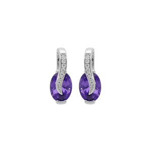 Boucles d\'oreille en argent rhodi oxydes violet oval sur ruban d\'oxydes blancs sertis et fermoir poussette - Vue 1